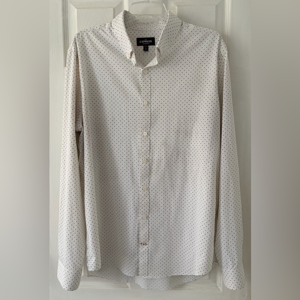 Express Men's White Button Down Shirt with Polka Dots